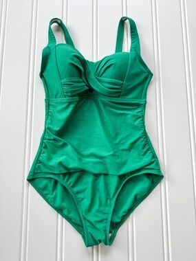 Kona Sol Green Twist Front Ruched One Piece Padded Swimsuit Adjustable Straps